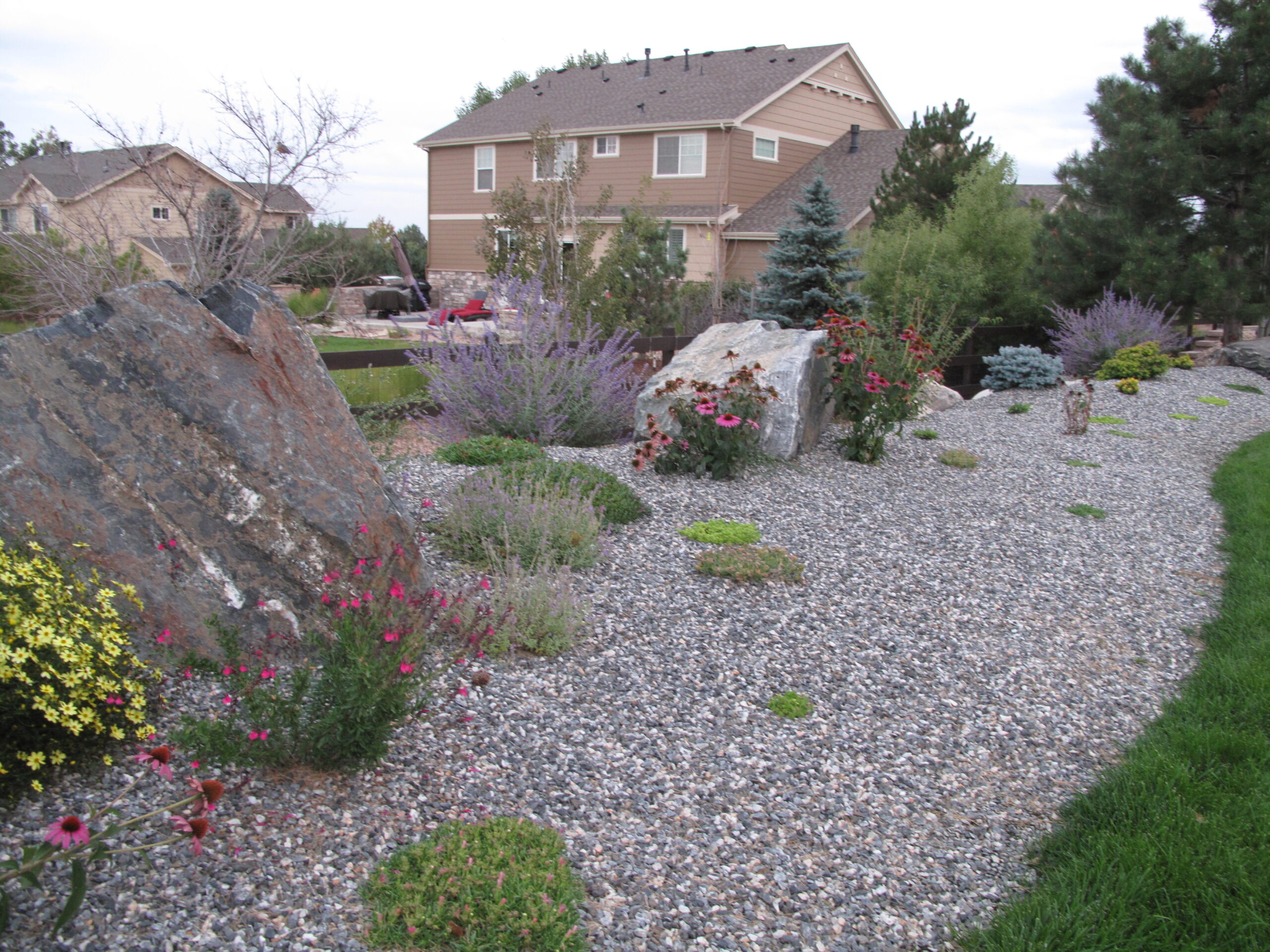 Sod and boulders with planting and sod