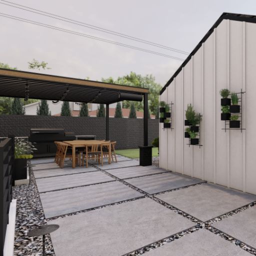 Steel pergola and concrete patio landscape design rendering for a Denver, Colorado project