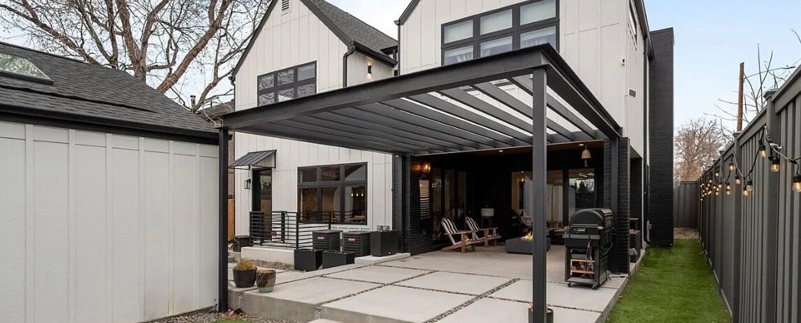 Steel pergola and turf landscape in Centennial, CO