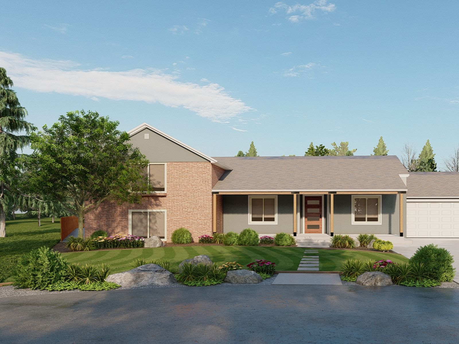 Landscape design rendering with planting beds, boulders and stepping stone path â Denver